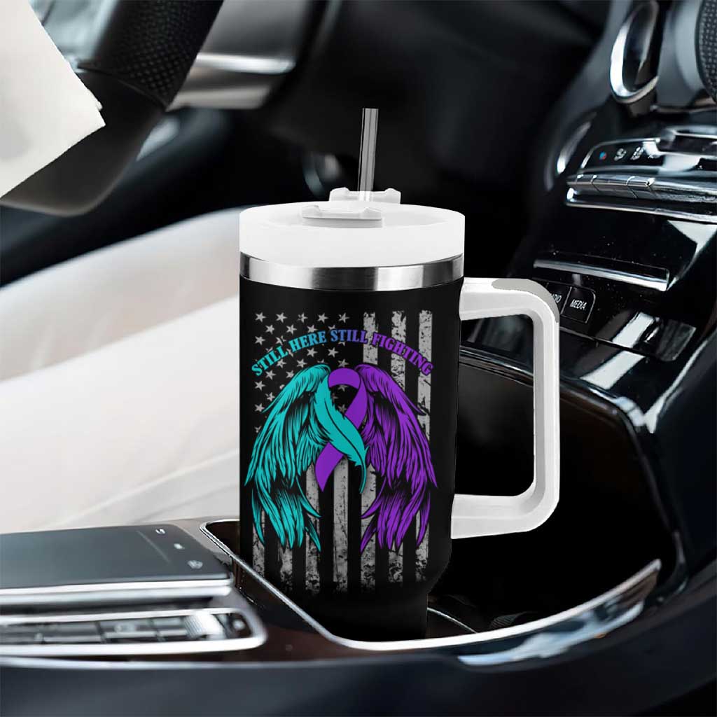 Suicide Prevention Awareness Tumbler With Handle Teal Purple Ribbon Still Here Still Fighting American Flag Therapist Psychologist - Wonder Print Shop