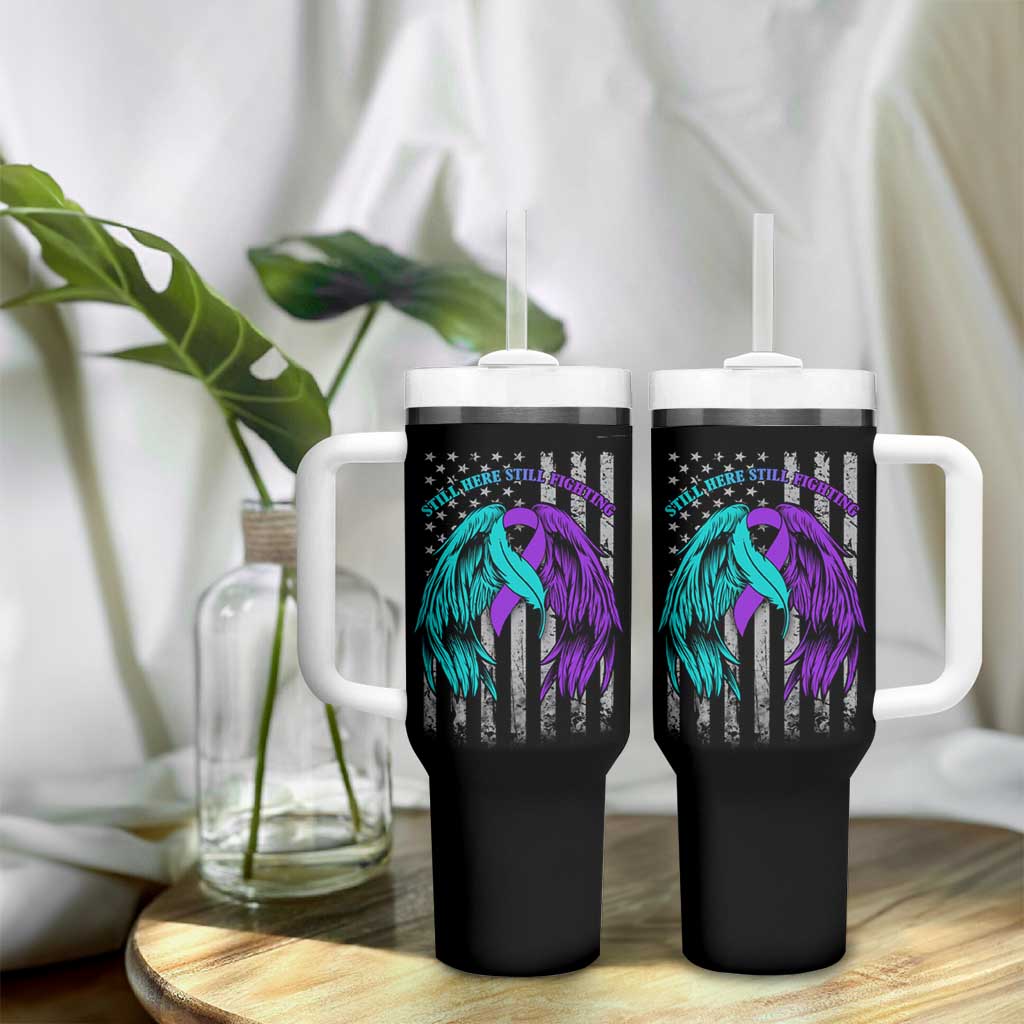 Suicide Prevention Awareness Tumbler With Handle Teal Purple Ribbon Still Here Still Fighting American Flag Therapist Psychologist - Wonder Print Shop