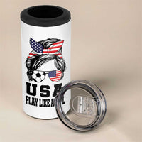 Soccer Girl 4 in 1 Can Cooler Tumbler Play Like A Girl USA Flag Messy Bun