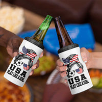 Soccer Girl 4 in 1 Can Cooler Tumbler Play Like A Girl USA Flag Messy Bun