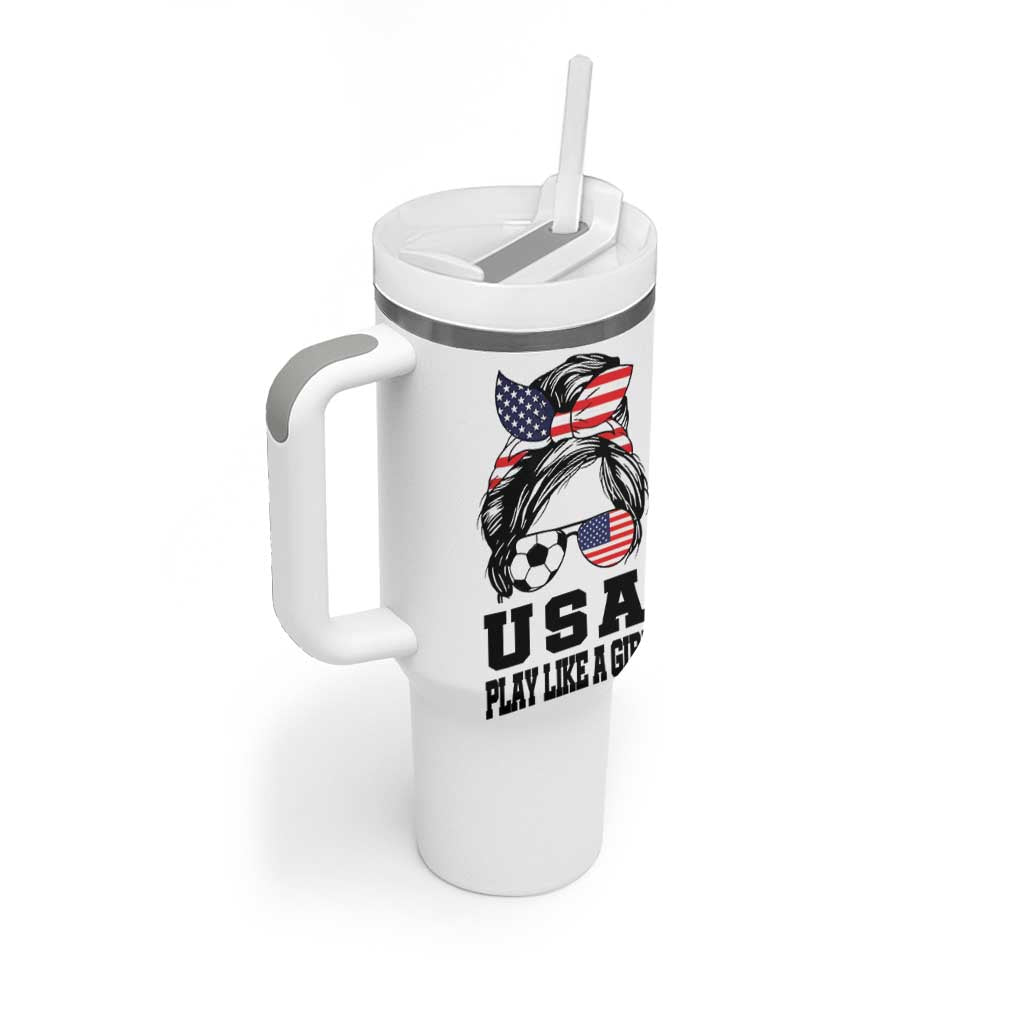 Soccer Girl Tumbler With Handle Play Like A Girl USA Flag Messy Bun