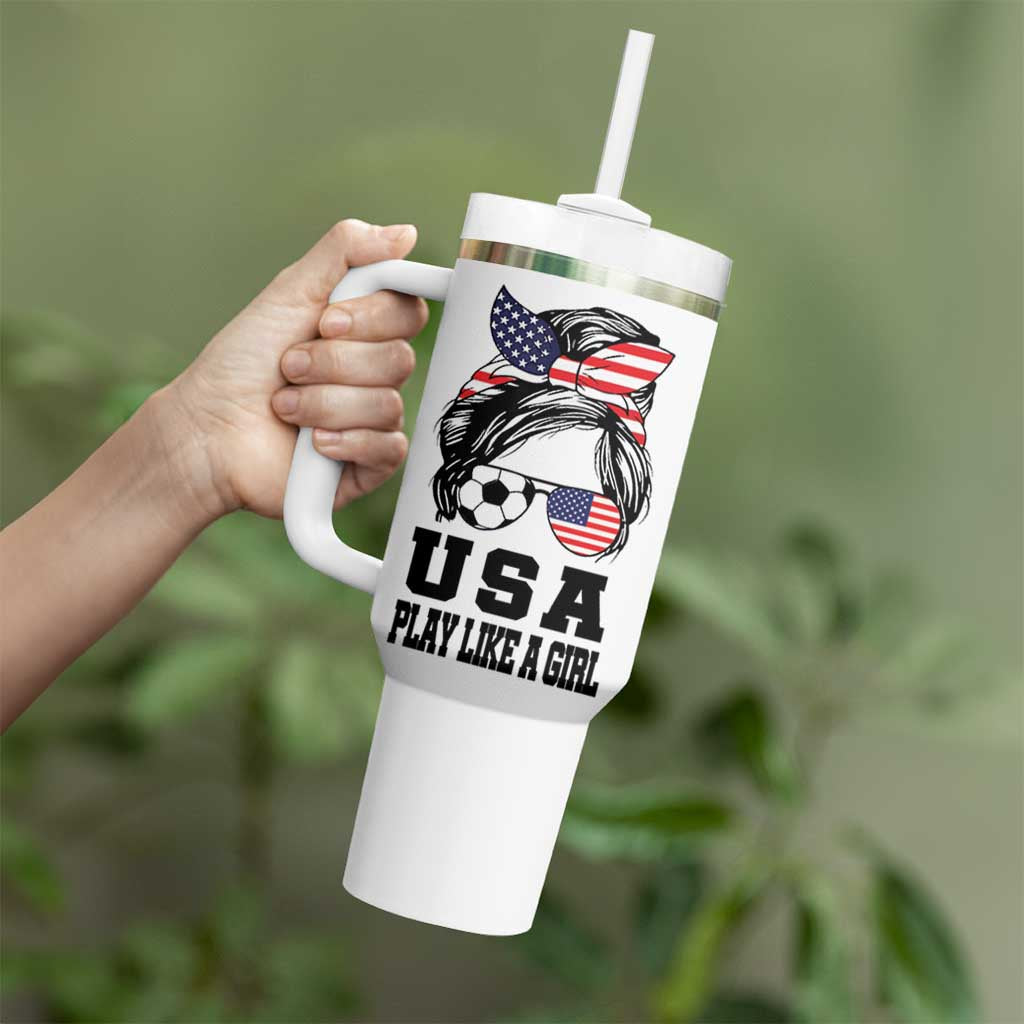 Soccer Girl Tumbler With Handle Play Like A Girl USA Flag Messy Bun