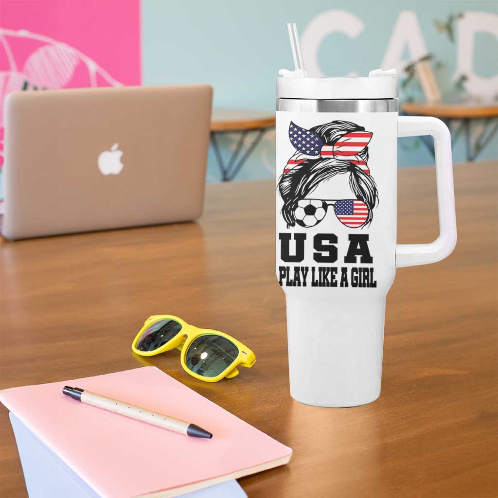 Soccer Girl Tumbler With Handle Play Like A Girl USA Flag Messy Bun
