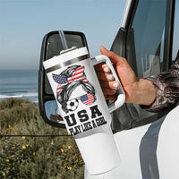 Soccer Girl Tumbler With Handle Play Like A Girl USA Flag Messy Bun
