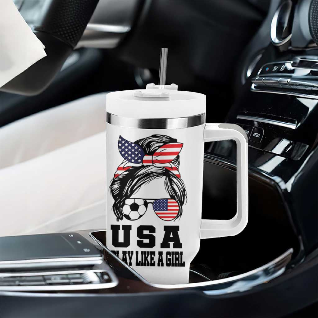 Soccer Girl Tumbler With Handle Play Like A Girl USA Flag Messy Bun