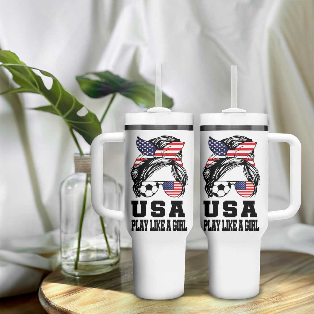 Soccer Girl Tumbler With Handle Play Like A Girl USA Flag Messy Bun