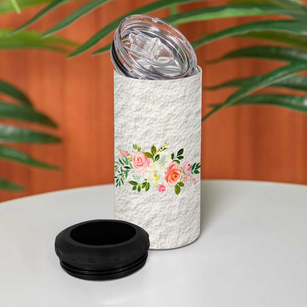 Abundant Blooms 4 in 1 Can Cooler Tumbler Soft Pink Rose Bouquet Garden Aesthetic Elegant Floral
