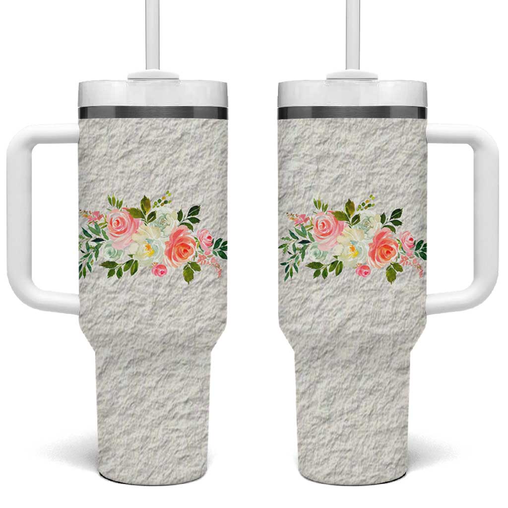 Abundant Blooms Tumbler With Handle Soft Pink Rose Bouquet Garden Aesthetic Elegant Floral