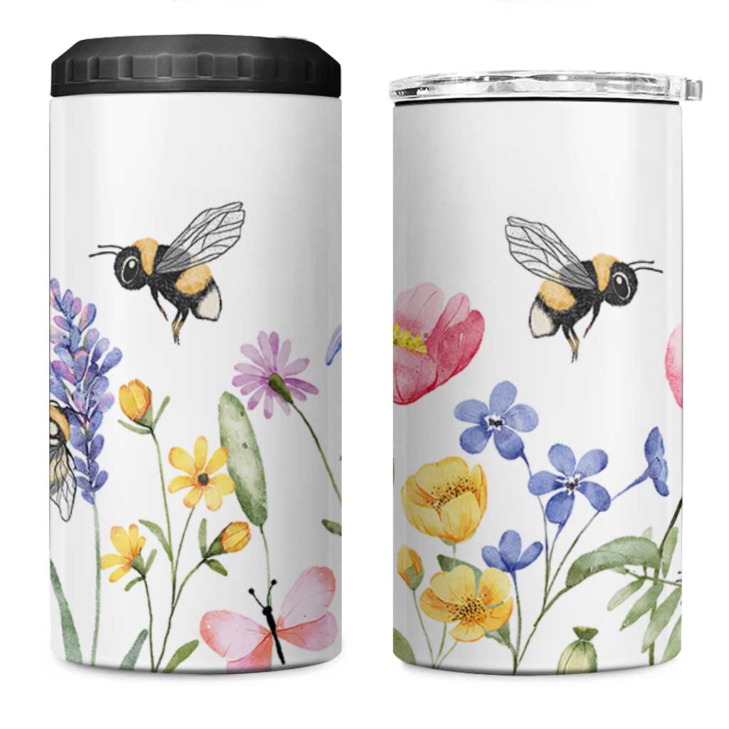 Vintage Spring Wildflower 4 in 1 Can Cooler Tumbler Bees Butterflies Floral Meadow