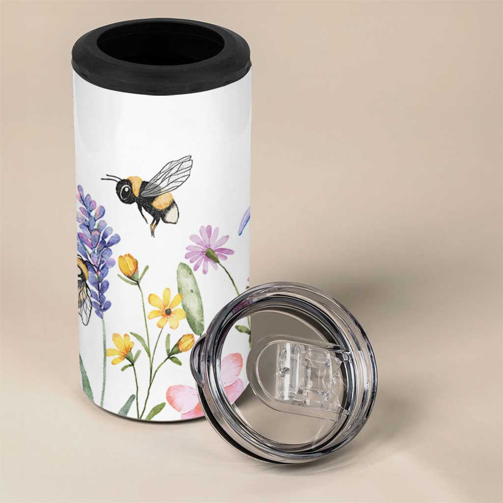 Vintage Spring Wildflower 4 in 1 Can Cooler Tumbler Bees Butterflies Floral Meadow