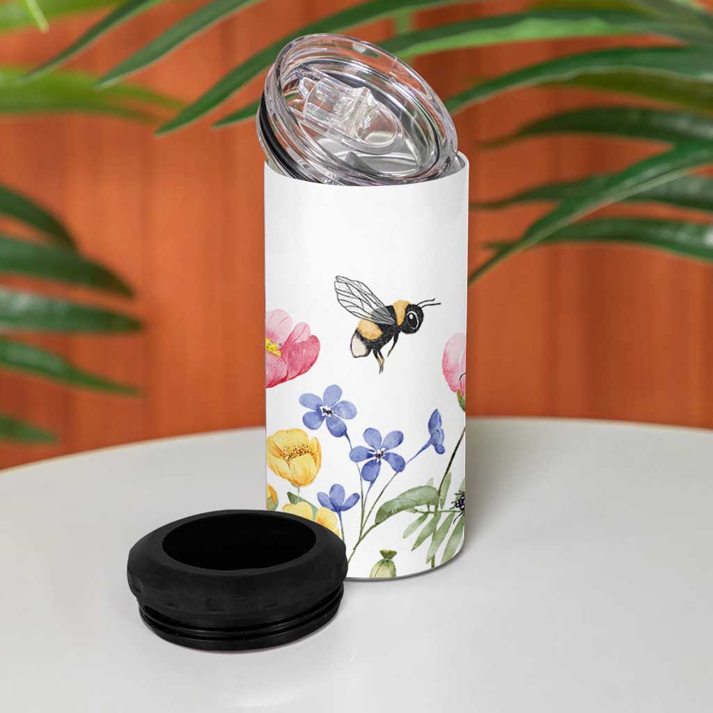 Vintage Spring Wildflower 4 in 1 Can Cooler Tumbler Bees Butterflies Floral Meadow
