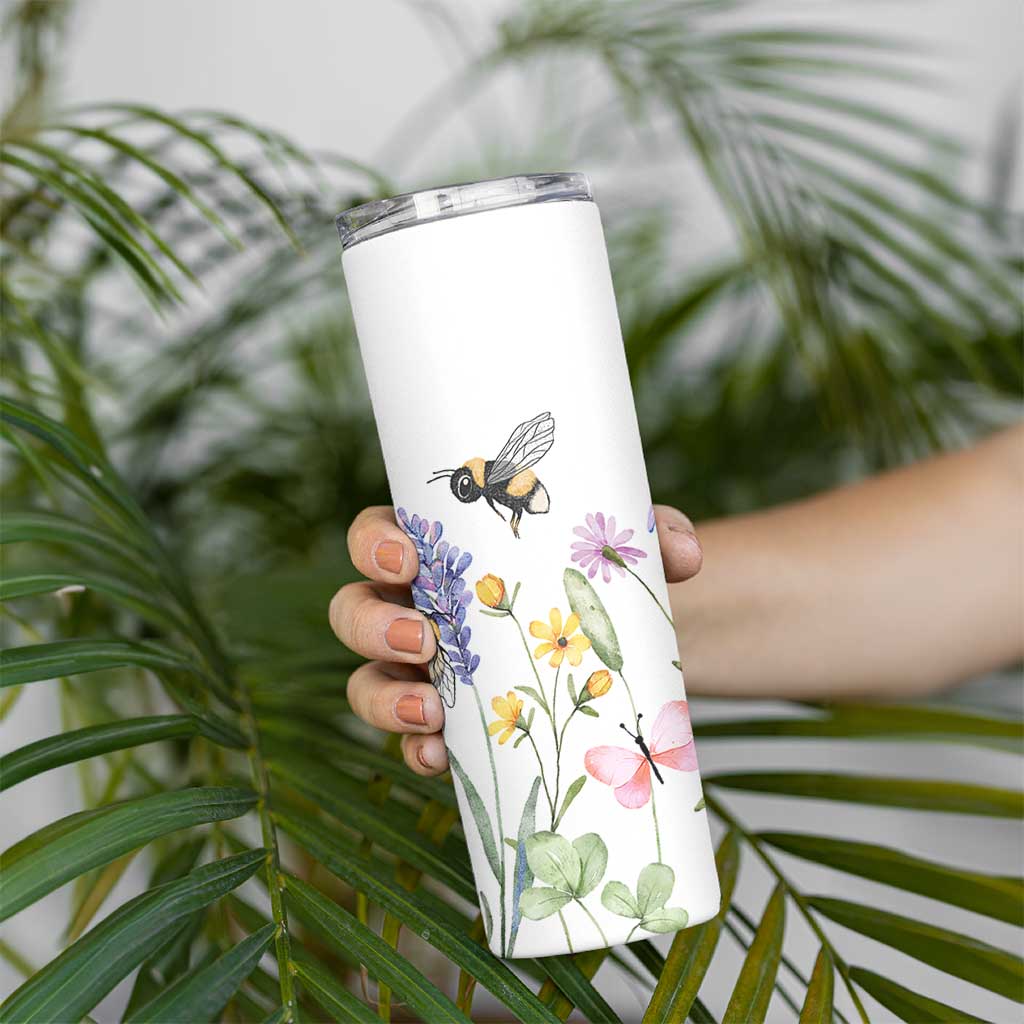 Vintage Spring Wildflower Skinny Tumbler Bees Butterflies Floral Meadow