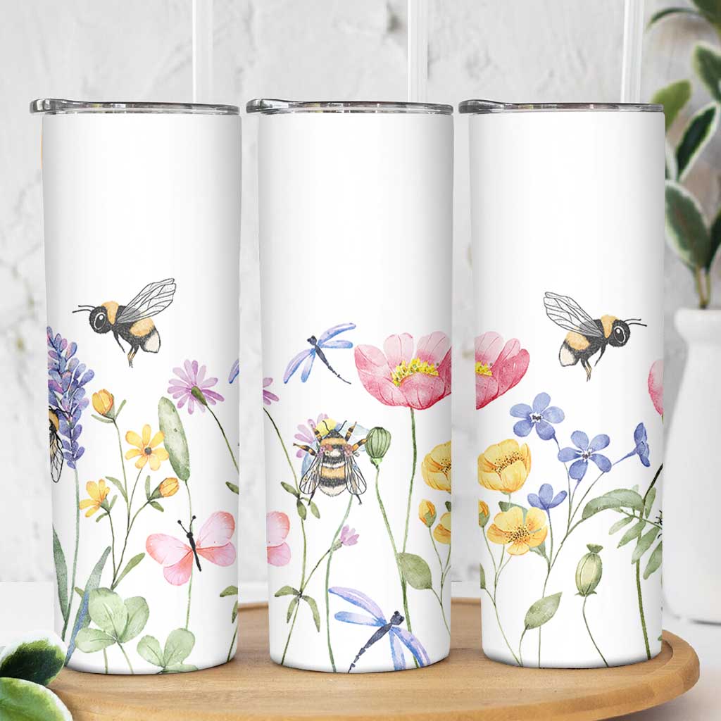 Vintage Spring Wildflower Skinny Tumbler Bees Butterflies Floral Meadow