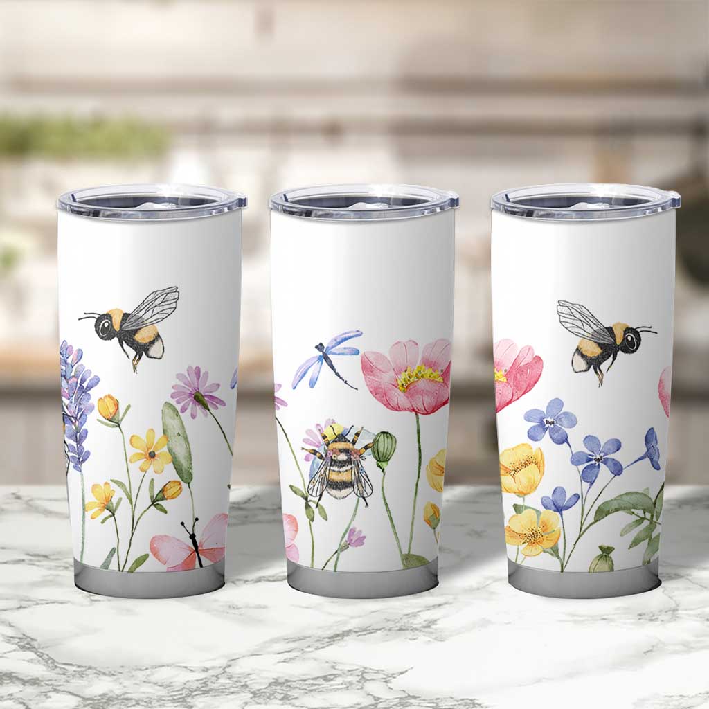 Vintage Spring Wildflower Tumbler Cup Bees Butterflies Floral Meadow
