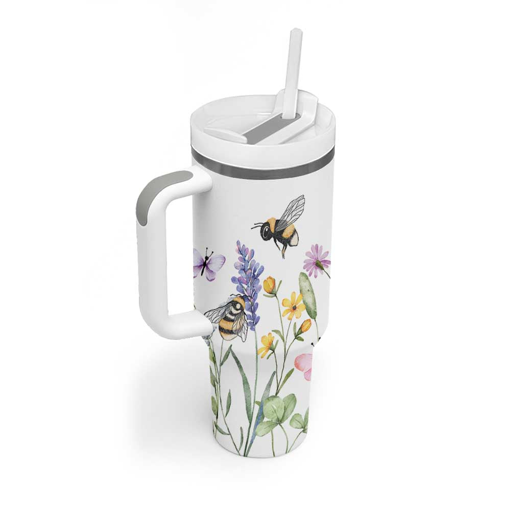 Vintage Spring Wildflower Tumbler With Handle Bees Butterflies Floral Meadow
