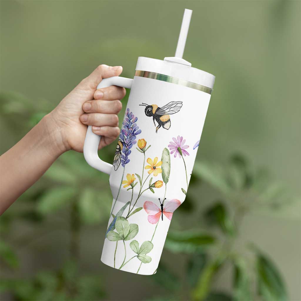 Vintage Spring Wildflower Tumbler With Handle Bees Butterflies Floral Meadow
