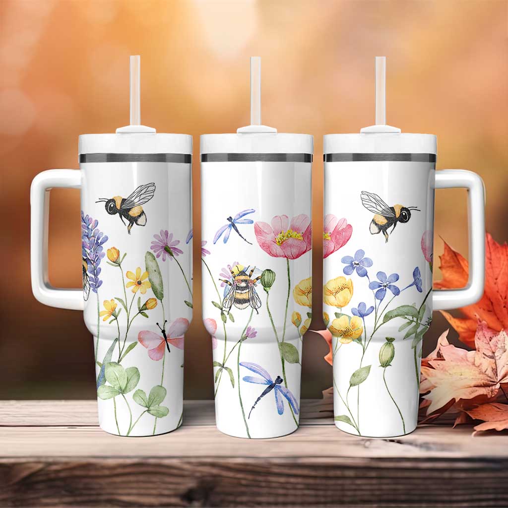 Vintage Spring Wildflower Tumbler With Handle Bees Butterflies Floral Meadow