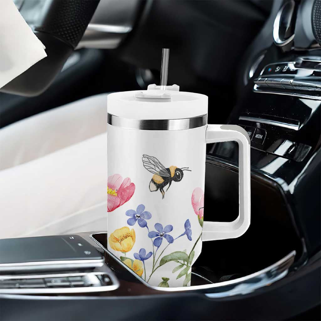 Vintage Spring Wildflower Tumbler With Handle Bees Butterflies Floral Meadow