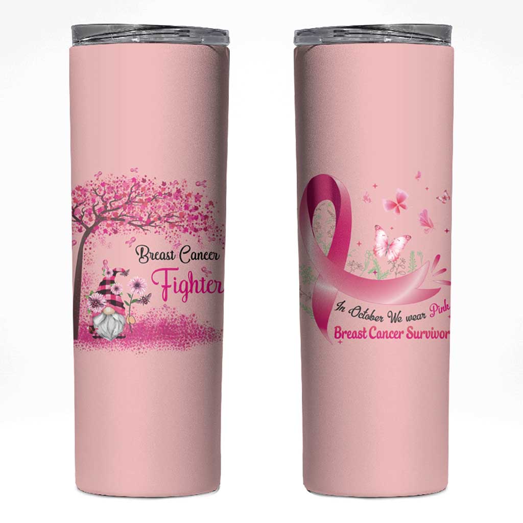 Breast Cancer Awareness Skinny Tumbler In October We Wear Pink Cute Gnome - Wonder Print Shop