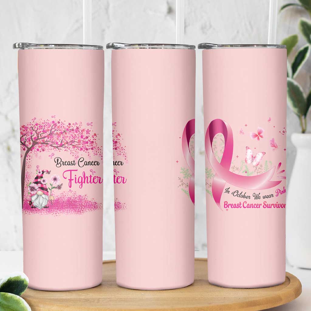 Breast Cancer Awareness Skinny Tumbler In October We Wear Pink Cute Gnome - Wonder Print Shop