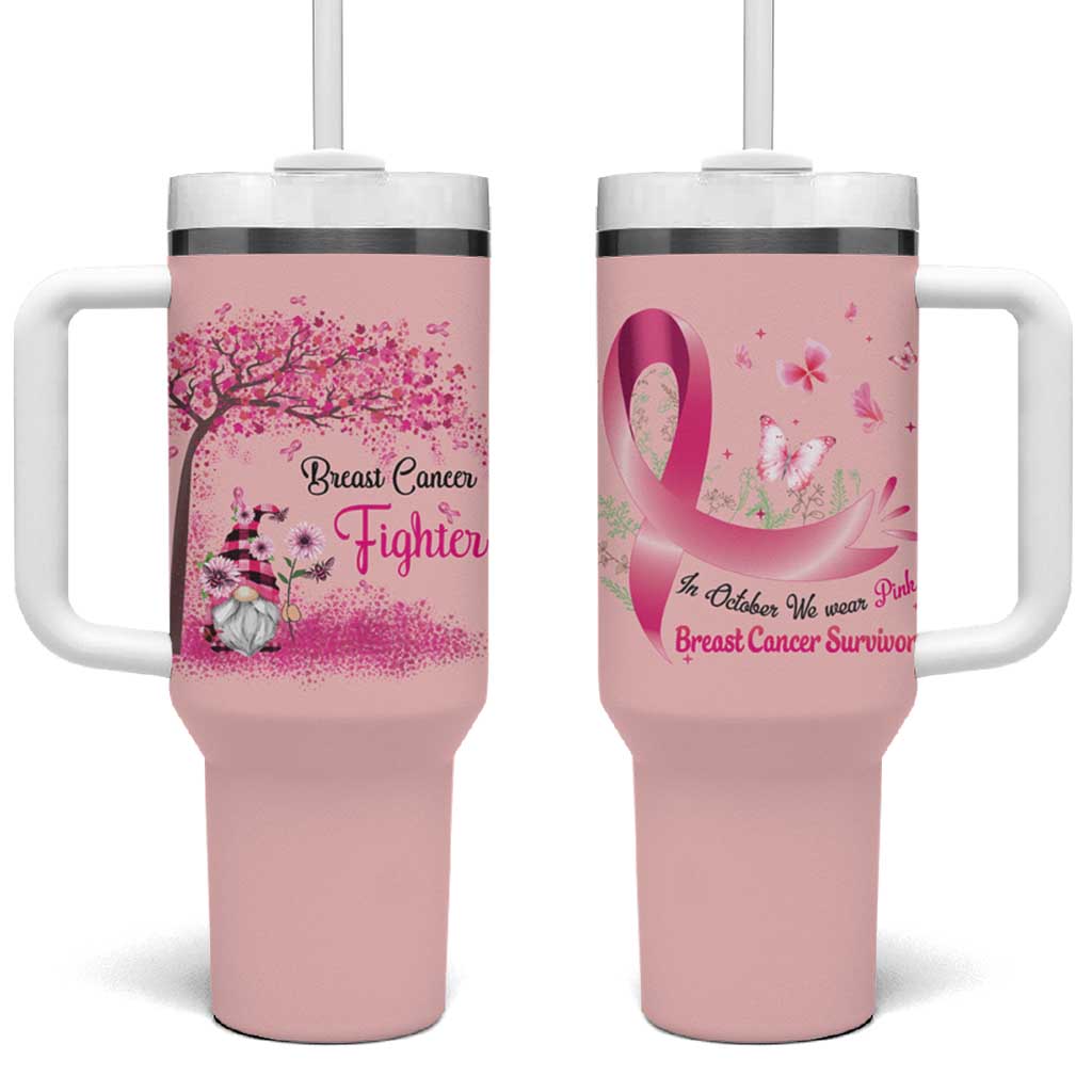 Breast Cancer Awareness Tumbler With Handle In October We Wear Pink Cute Gnome - Wonder Print Shop