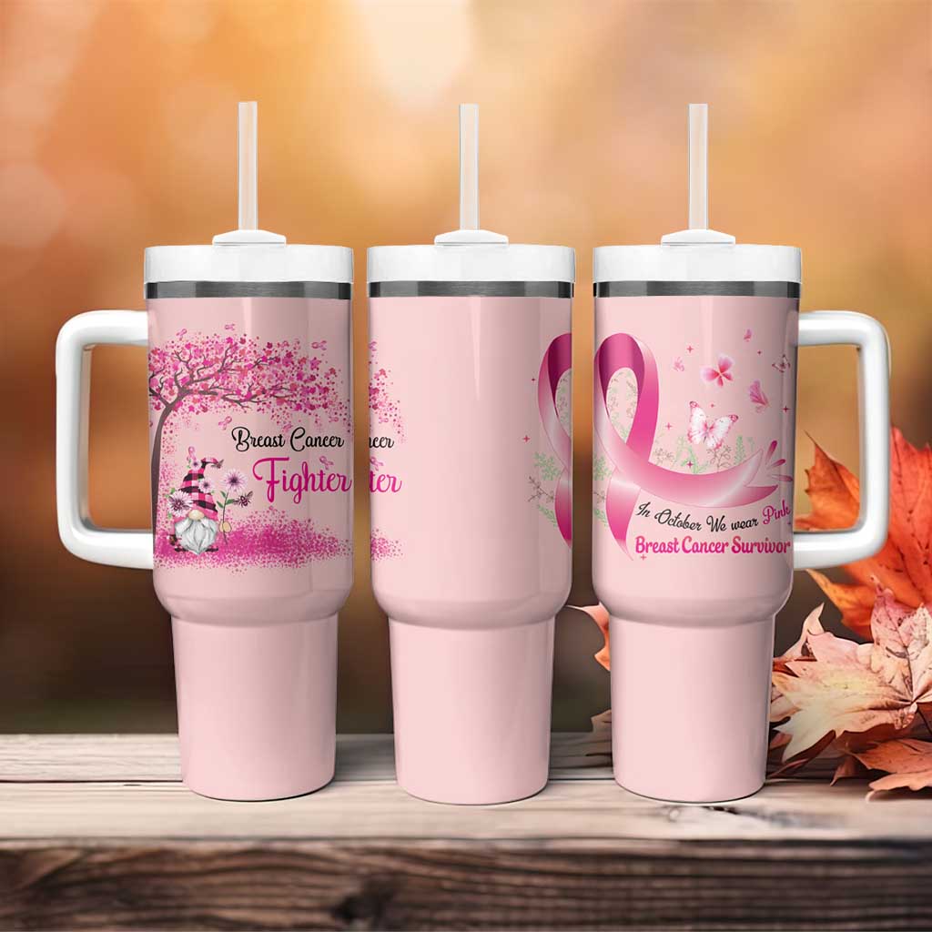 Breast Cancer Awareness Tumbler With Handle In October We Wear Pink Cute Gnome - Wonder Print Shop