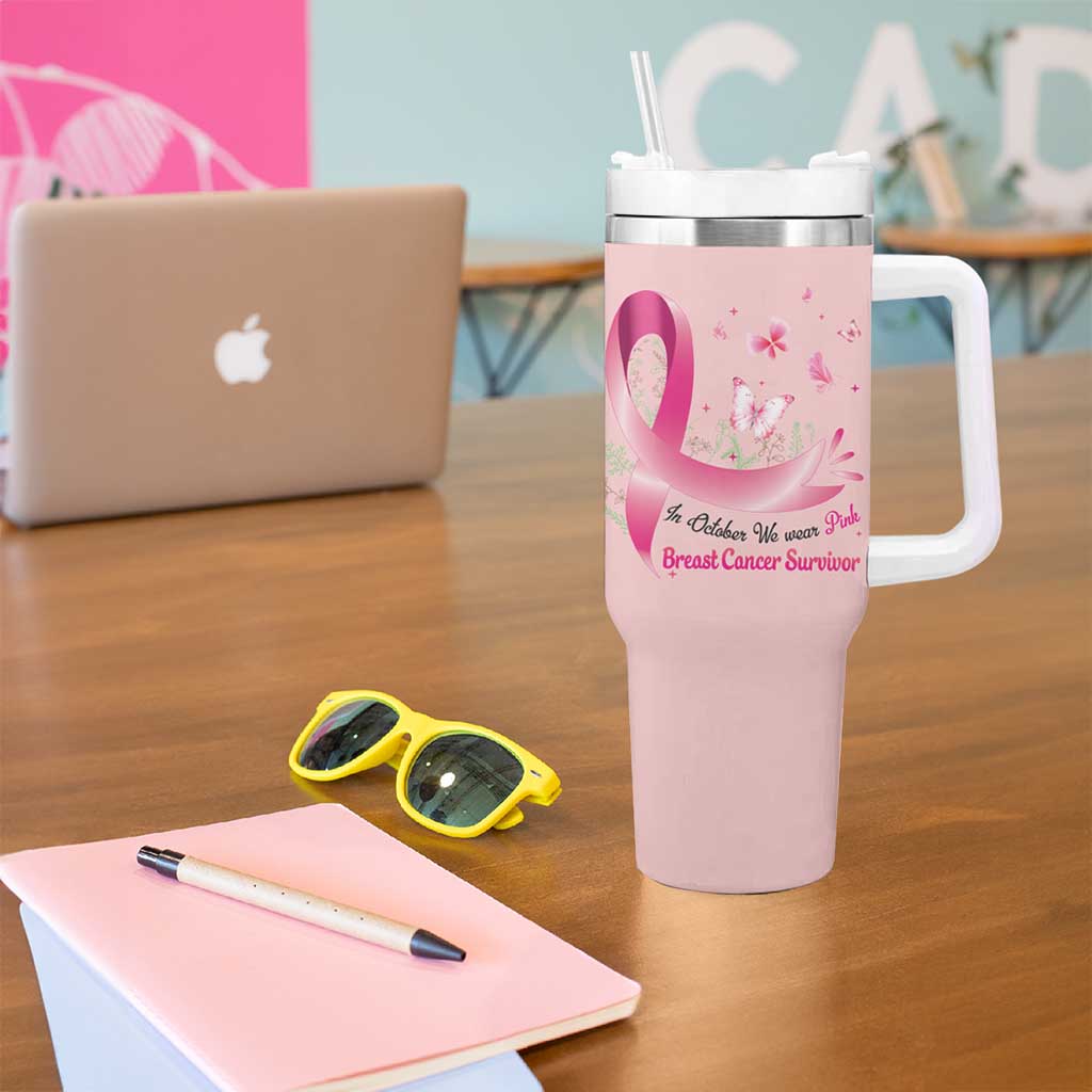 Breast Cancer Awareness Tumbler With Handle In October We Wear Pink Cute Gnome - Wonder Print Shop
