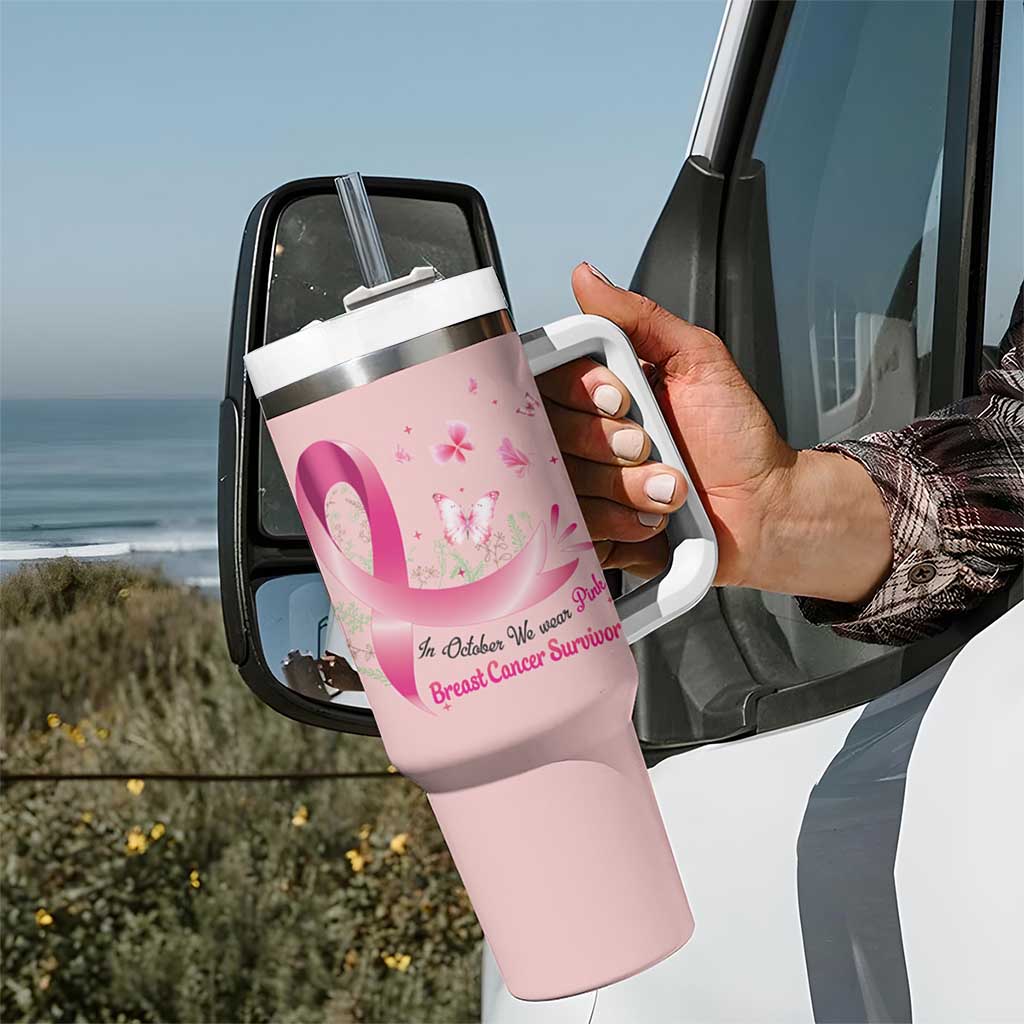 Breast Cancer Awareness Tumbler With Handle In October We Wear Pink Cute Gnome - Wonder Print Shop