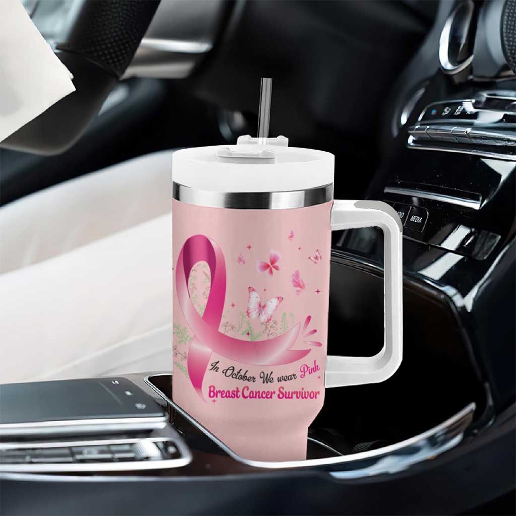 Breast Cancer Awareness Tumbler With Handle In October We Wear Pink Cute Gnome - Wonder Print Shop