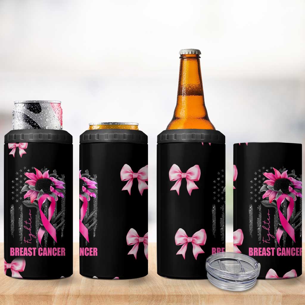 Breast Cancer Survivor 4 in 1 Can Cooler Tumbler Pink Ribbon Sunflower USA Flag - Wonder Print Shop