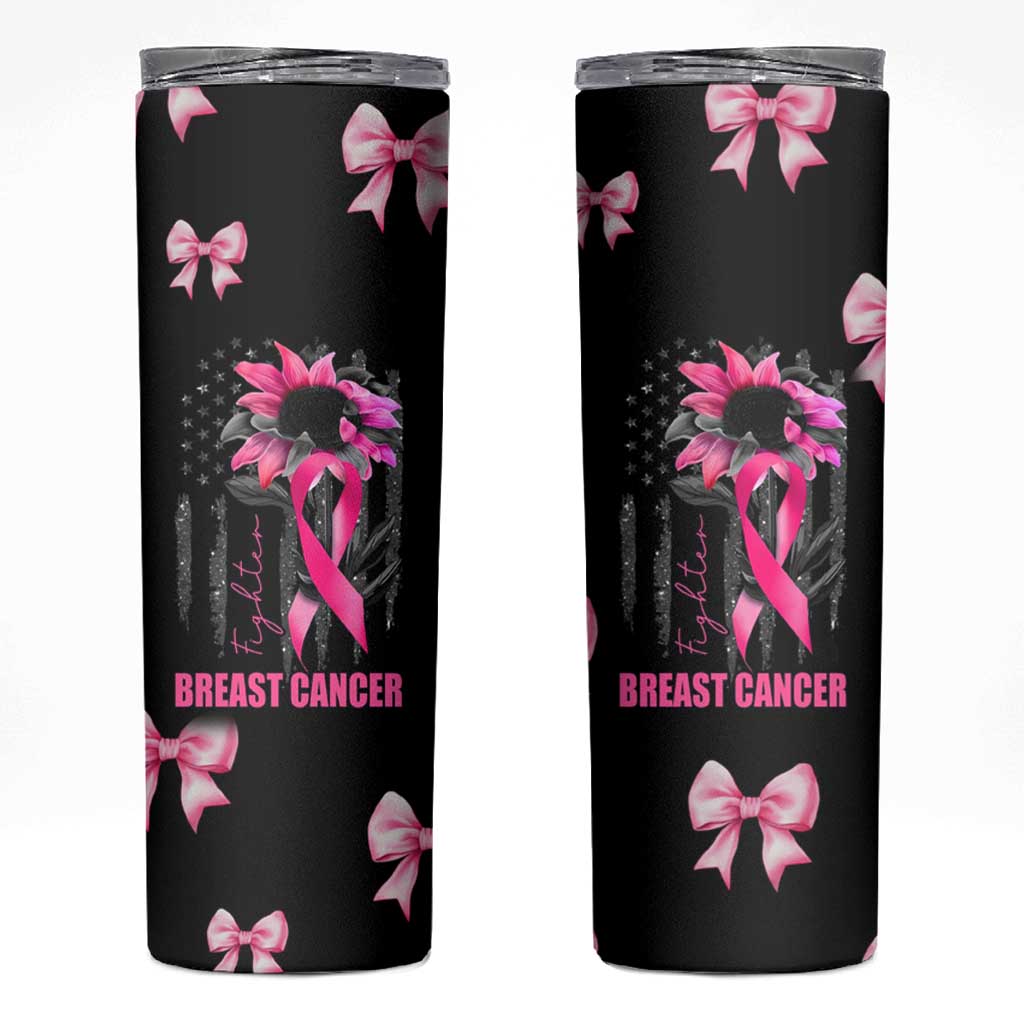 Breast Cancer Survivor Skinny Tumbler Pink Ribbon Sunflower USA Flag - Wonder Print Shop