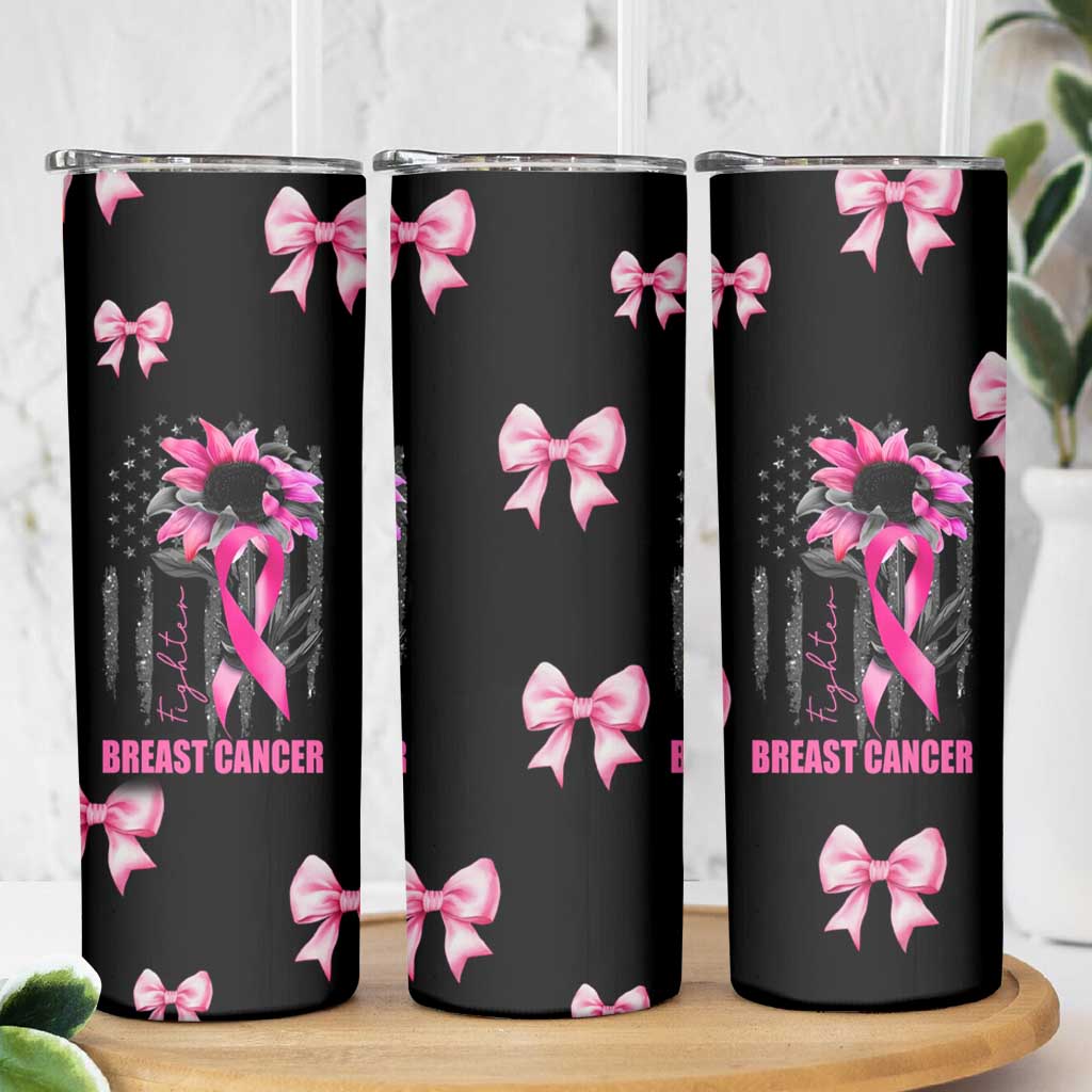 Breast Cancer Survivor Skinny Tumbler Pink Ribbon Sunflower USA Flag - Wonder Print Shop