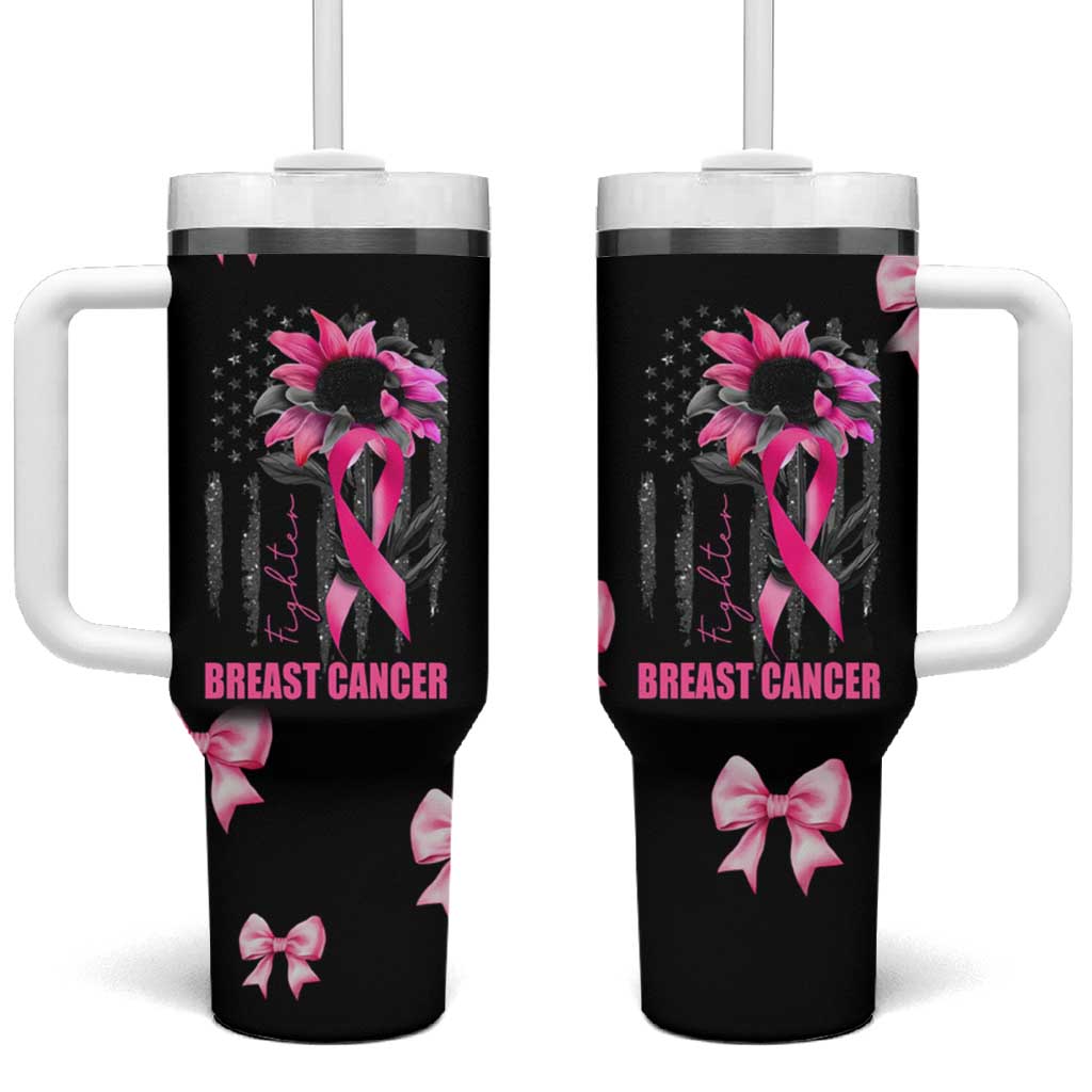 Breast Cancer Survivor Tumbler With Handle Pink Ribbon Sunflower USA Flag - Wonder Print Shop