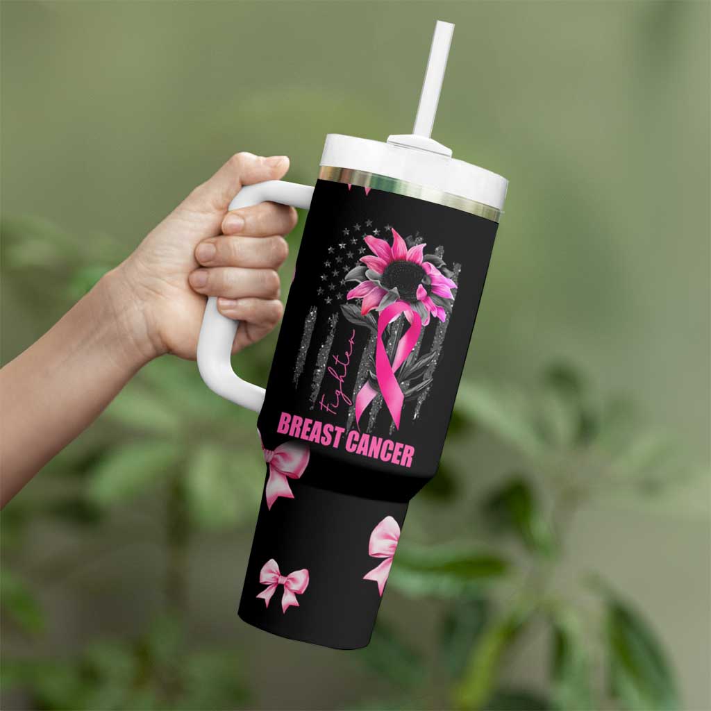 Breast Cancer Survivor Tumbler With Handle Pink Ribbon Sunflower USA Flag - Wonder Print Shop