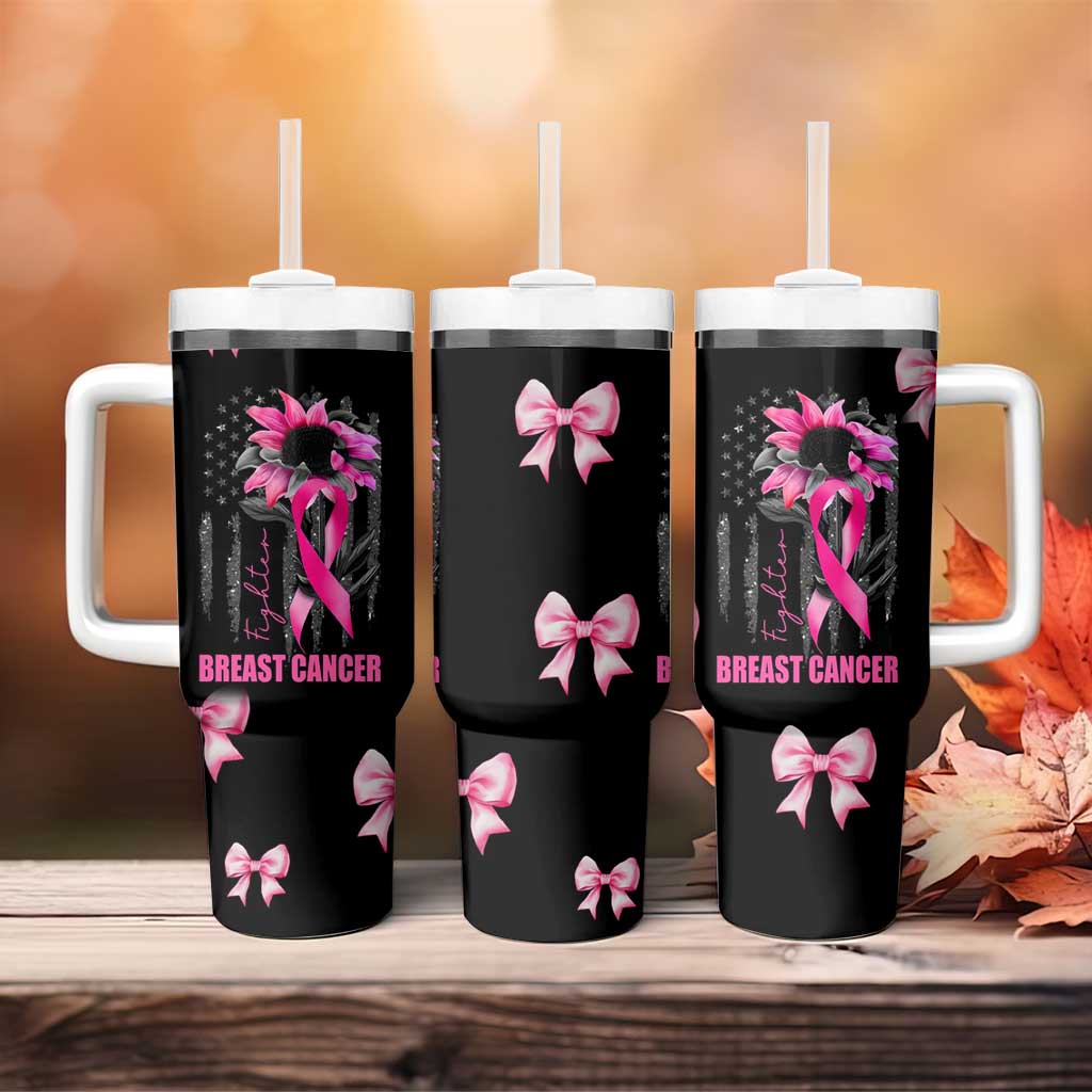 Breast Cancer Survivor Tumbler With Handle Pink Ribbon Sunflower USA Flag - Wonder Print Shop