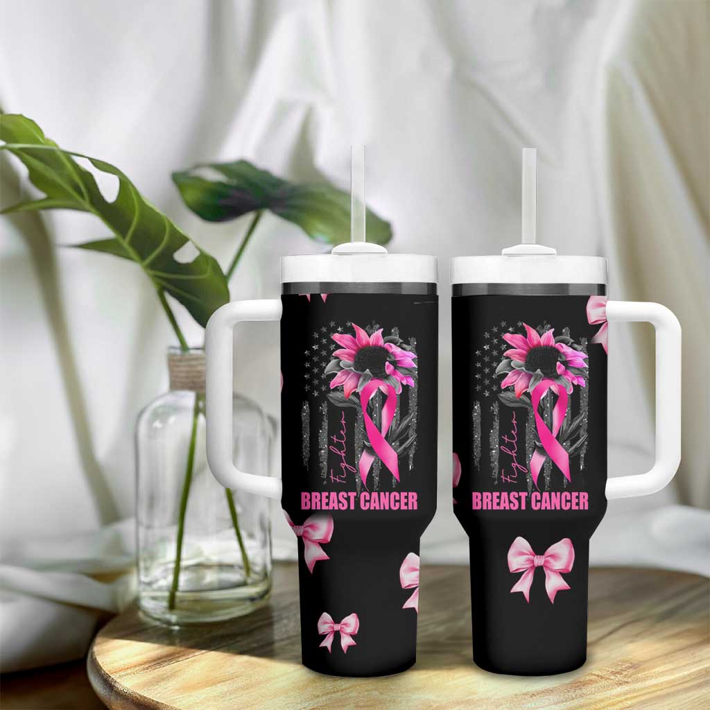 Breast Cancer Survivor Tumbler With Handle Pink Ribbon Sunflower USA Flag - Wonder Print Shop