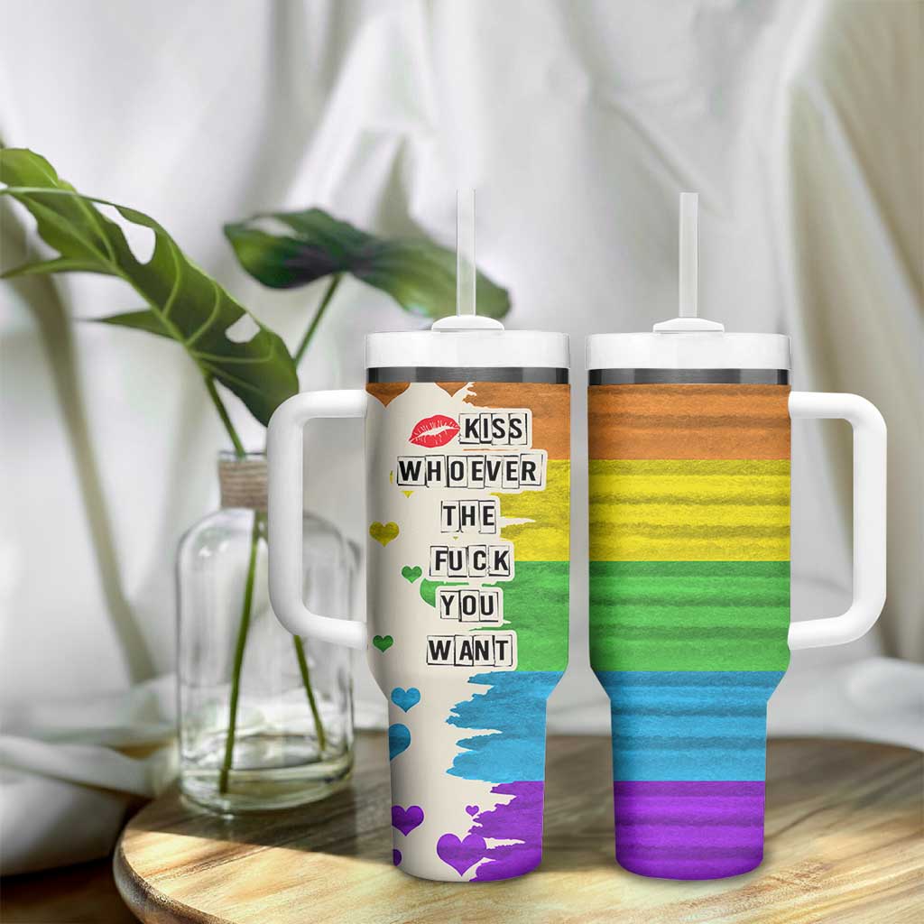 LGBTQ Pride Tumbler With Handle Kiss Whoever The Fuck You Want LGBT Rainbow Flag