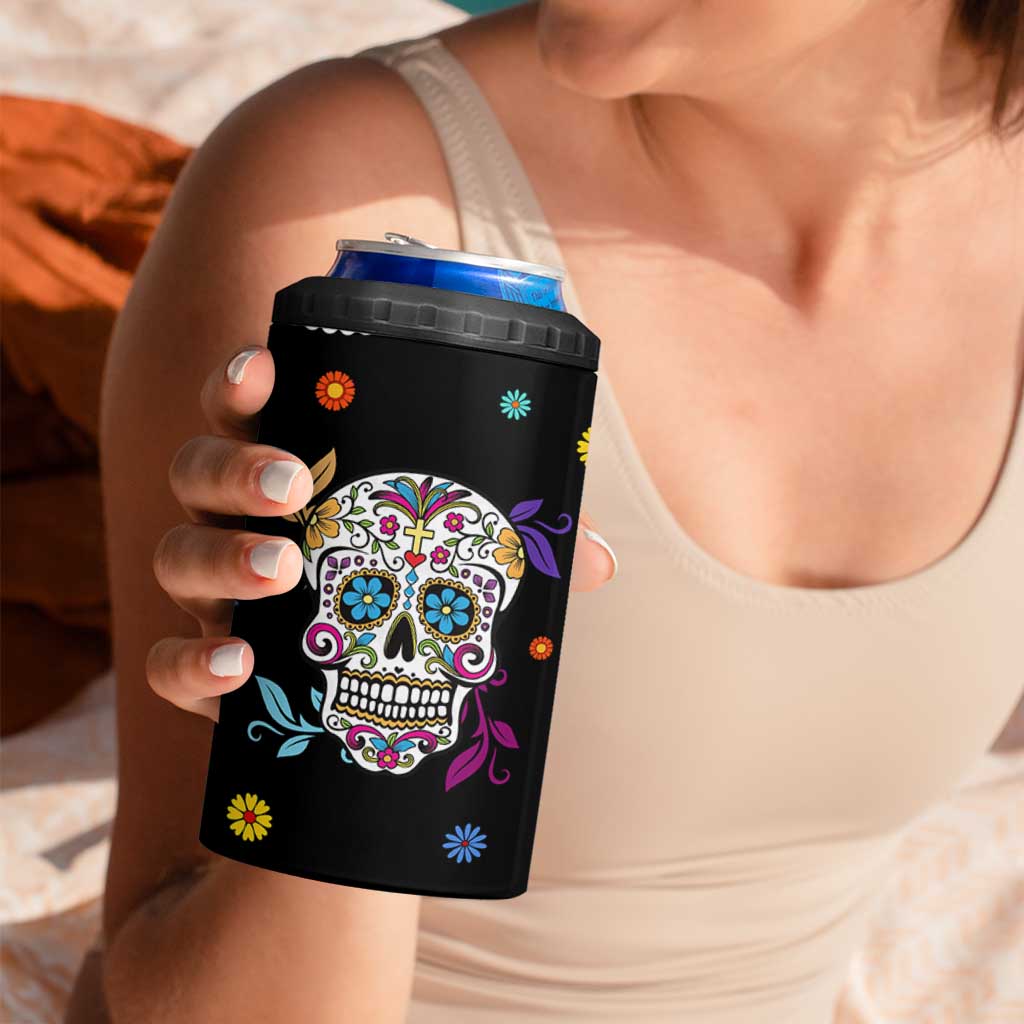 Personalized Sugar Skull 4 in 1 Can Cooler Tumbler Custom Name Flower Gothic Gifts For Latina Mexican Girls Women