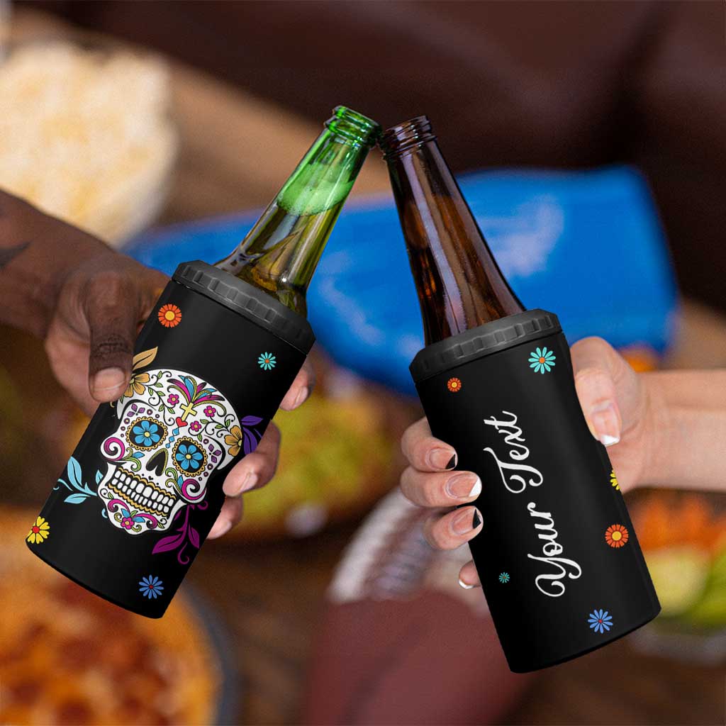 Personalized Sugar Skull 4 in 1 Can Cooler Tumbler Custom Name Flower Gothic Gifts For Latina Mexican Girls Women