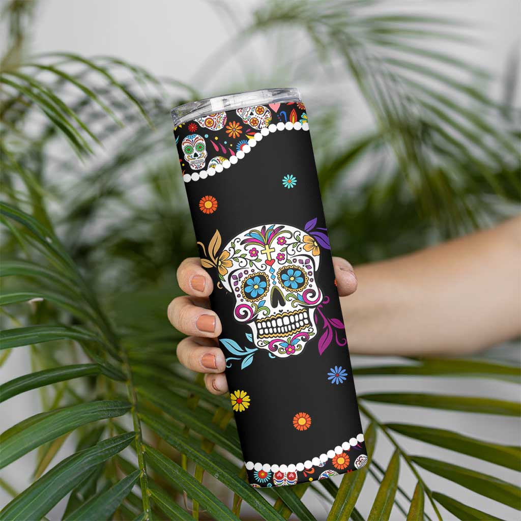 Personalized Sugar Skull Skinny Tumbler Custom Name Flower Gothic Gifts For Latina Mexican Girls Women