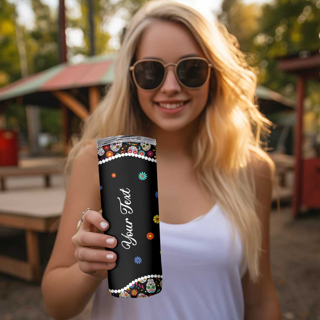Personalized Sugar Skull Skinny Tumbler Custom Name Flower Gothic Gifts For Latina Mexican Girls Women