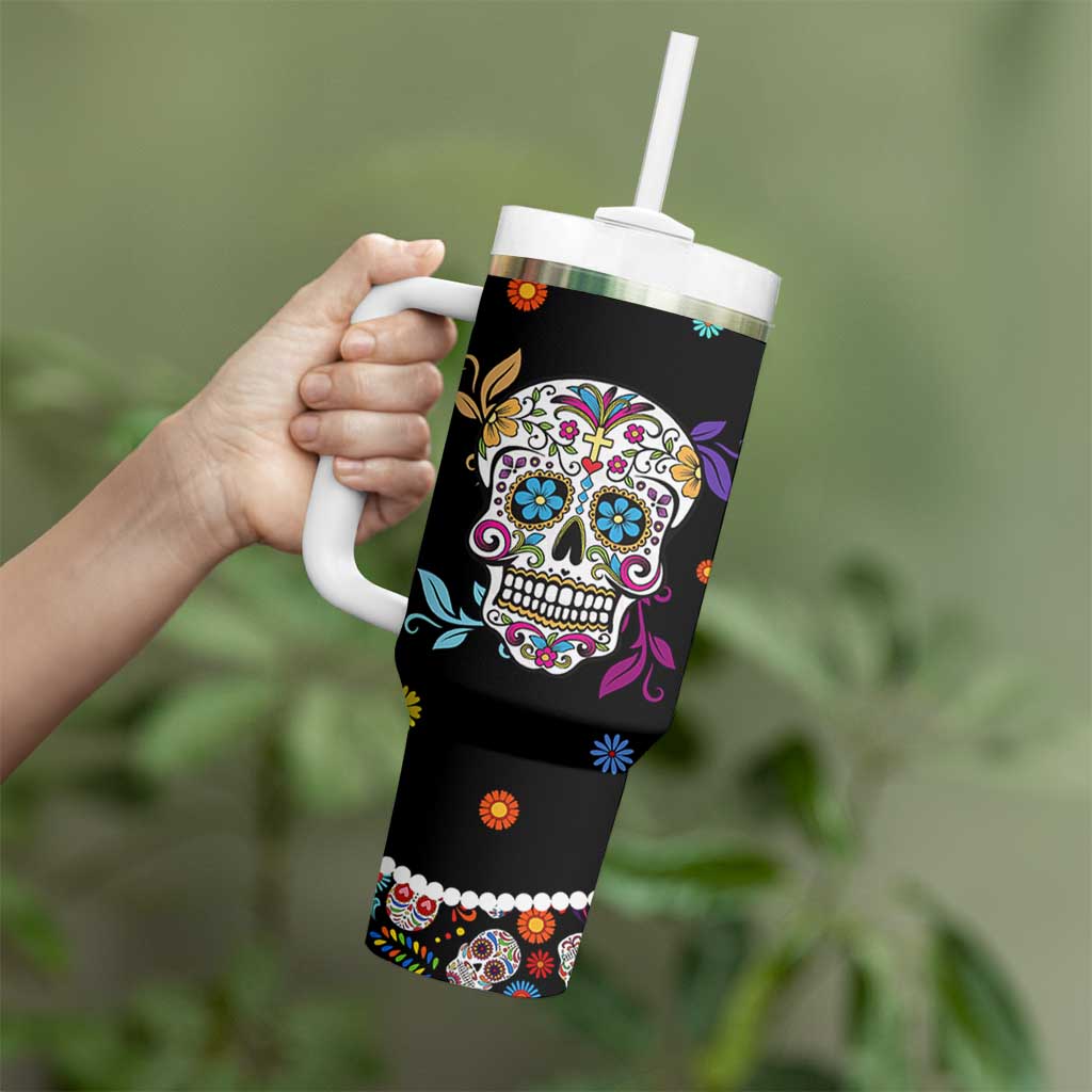 Personalized Sugar Skull Tumbler With Handle Custom Name Flower Gothic Gifts For Latina Mexican Girls Women
