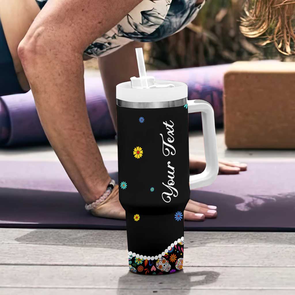 Personalized Sugar Skull Tumbler With Handle Custom Name Flower Gothic Gifts For Latina Mexican Girls Women