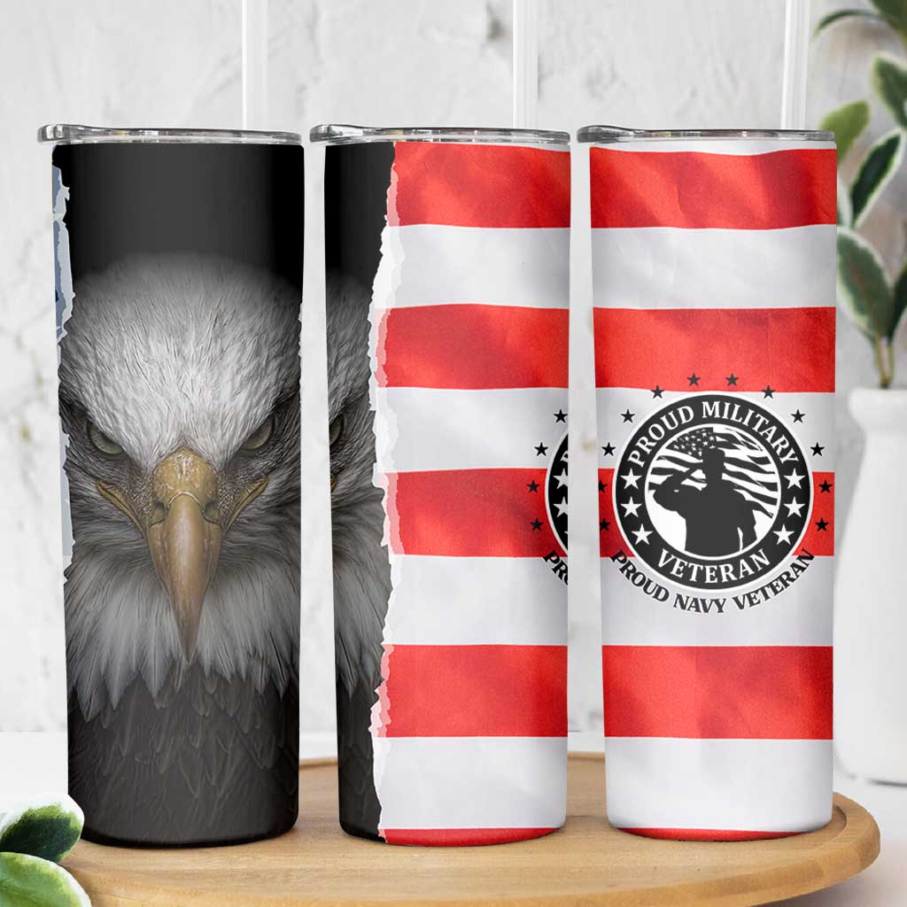 Proud Navy Veteran Skinny Tumbler American Flag Eagle Military Gifts