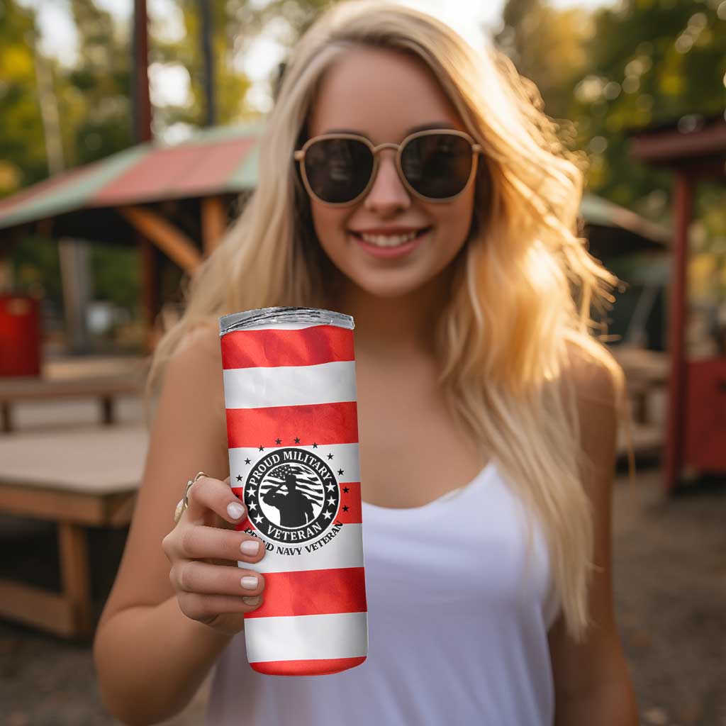 Proud Navy Veteran Skinny Tumbler American Flag Eagle Military Gifts