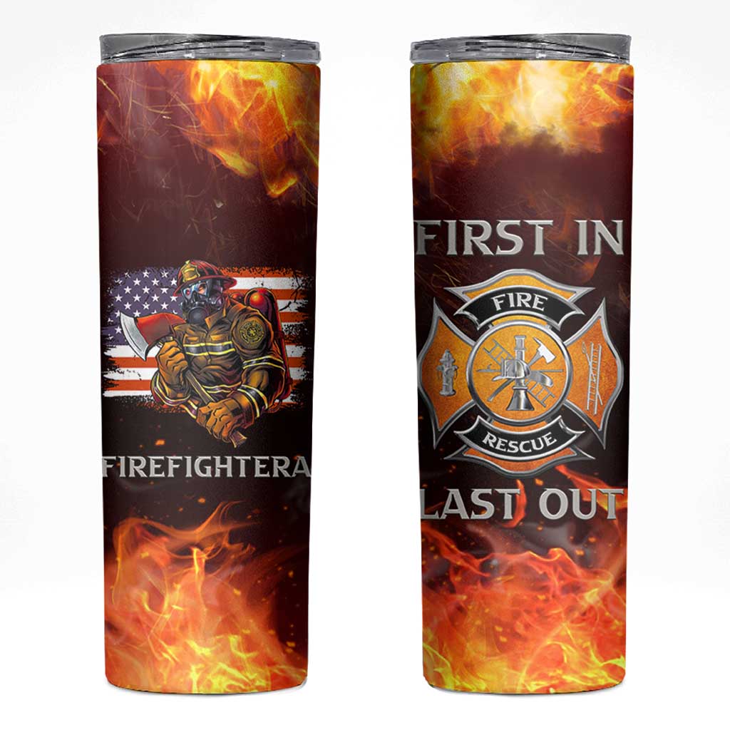 Firefighter Gifts For Men Skinny Tumbler First In Last Out American Flag