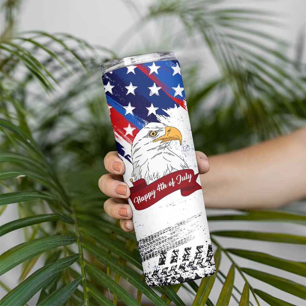 Happy 4th Of July Skinny Tumbler USA American Flag Bald Eagle Patriotic Red White Blue