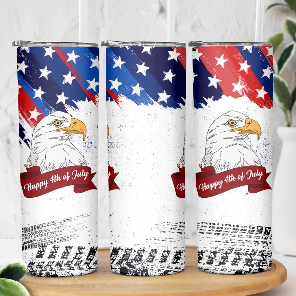 Happy 4th Of July Skinny Tumbler USA American Flag Bald Eagle Patriotic Red White Blue