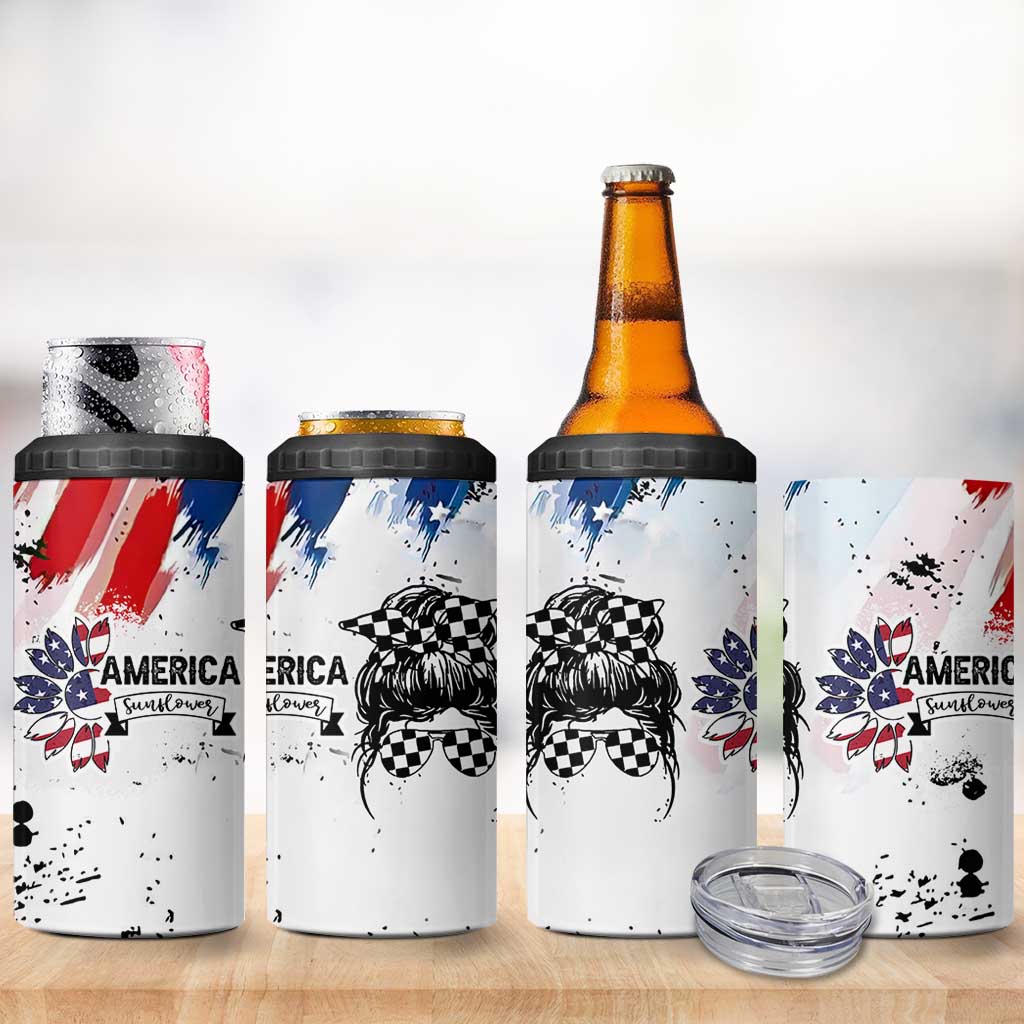 Happy 4th Of July 4 in 1 Can Cooler Tumbler America Sunflower Flag American Patriotic Flower