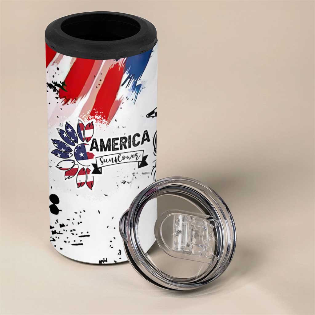 Happy 4th Of July 4 in 1 Can Cooler Tumbler America Sunflower Flag American Patriotic Flower